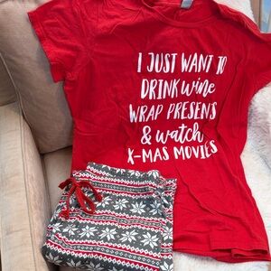 NWOT Red Holiday Pajama Set with Festive Print Tee